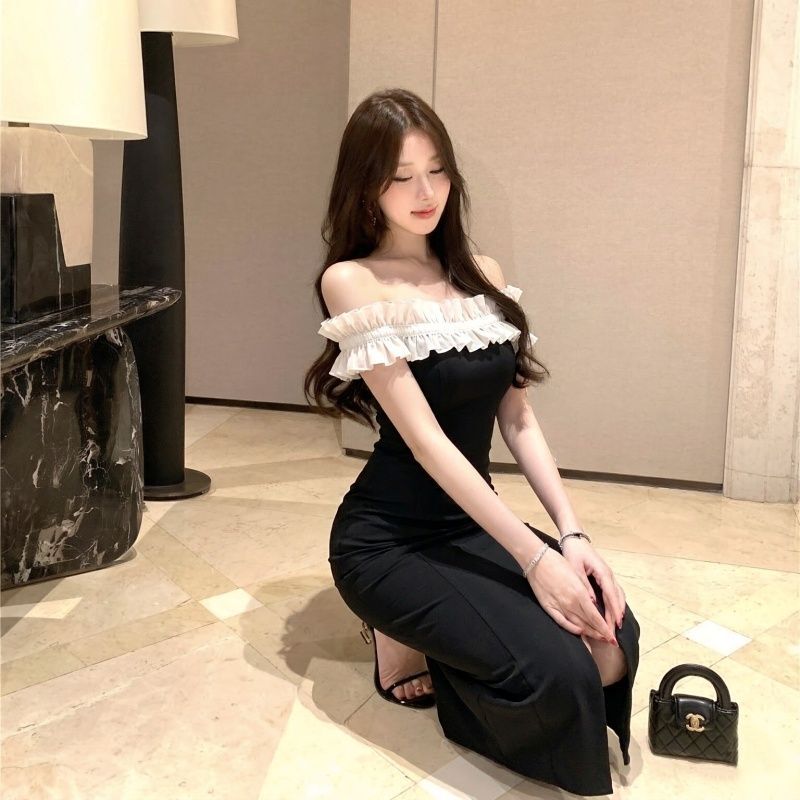 Elegant Party Dress with Off-Shoulder Ruffles, Mid-Length Skirt, Sexy Off-The-Shoulder Bodycon Dress with Slit for Autumn and Winter