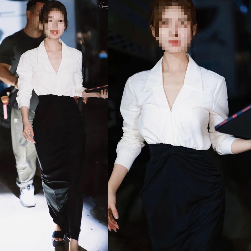 Xu Meiyang Zhao Lusi and Xu Yan's Same Style Black and White Patchwork French Retro Fake Two-Piece Bodycon Shirt Dress for Women