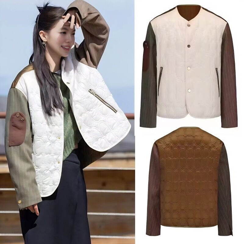 Set Off on Your Journey Now: Jin Chen's Same Style Collarless Color-Blocked down Cotton Jacket for Women, Thin Quilted Quilted Cotton Coat