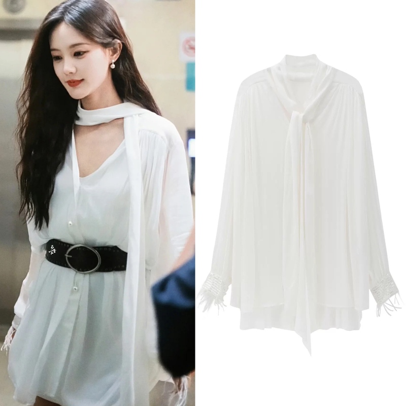 White Shirt Dress Similar to the One Worn by Beauty Yu Li Yitong, with French-Style Tie, Ribbon, Feather Sleeves, and a Stylish Mid-Length Design White Shirt Dress Similar to the One Worn by Beauty Yu Li Yitong, with French-Style Tie, Ribbon, Feather Sleeves, and a Stylish Mid-Length Design