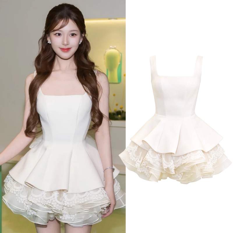Zhao Lusi's Same Style Lace Embroidered Elegant French-Style Waist-Cinching Princess Dress, Summer Puffy Strap Dress