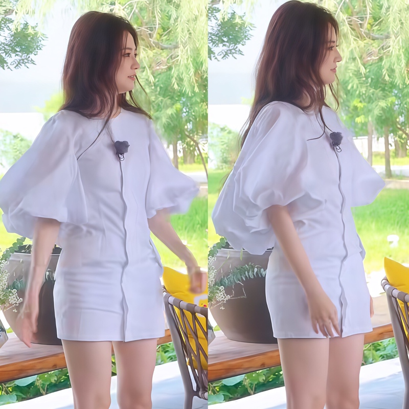 Let's Go Out and Enjoy the Beauty of the World. Xu Lu's Same Style White Puff-Sleeve Waist-Cinching Slimming Short Skirt Summer Shirt Dress