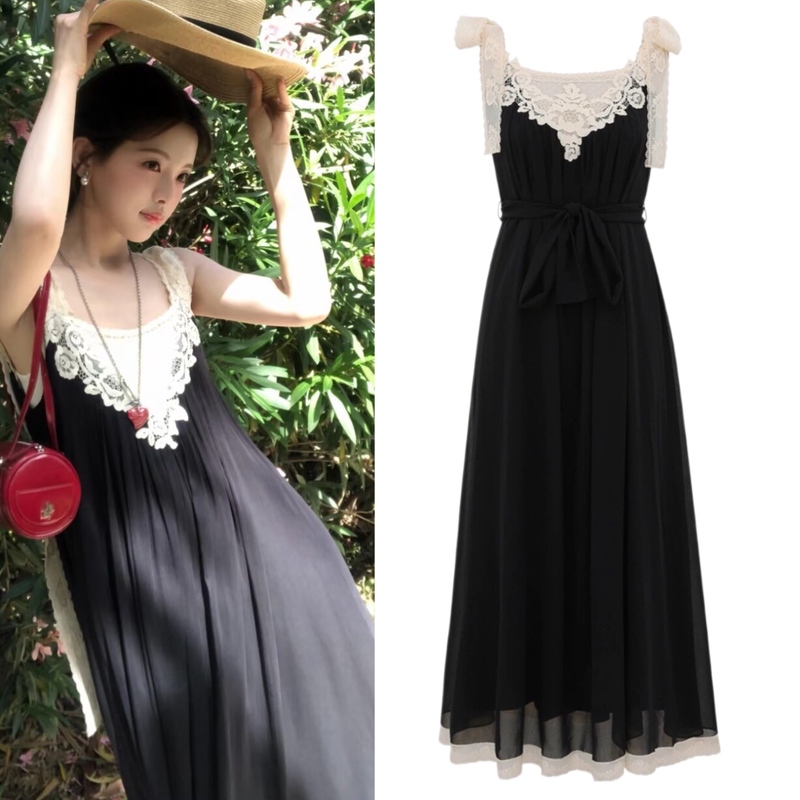 Yang Chaoyue's Same Style Black Fairy Long Dress, French Retro Bohemian Lace Trim Tie-Up Spaghetti Strap Dress