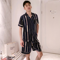 Home suit men summer ice silk thin sweatshirt stripes increase in red summer silk couple pajamas woman