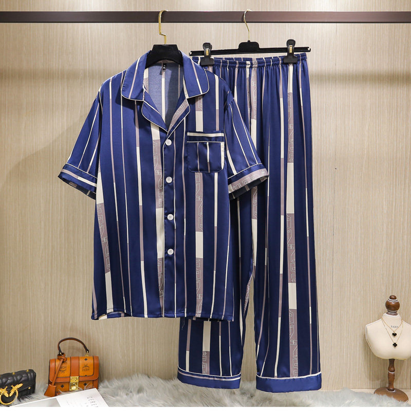 Pajamas Men's Ice Silk Thin Short Sleeve Cardigan Jacket Lapel Simple Fashion Silk Summer Men's Homewear Summer Suit