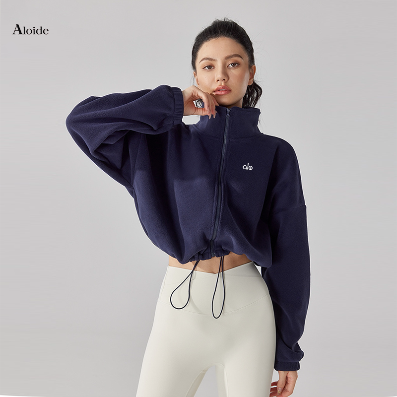 Aloide Stand-Up Collar Lamb Wool Sports Jacket for Women, Loose Fit, Waist-Cinching, Windproof, Running, Fitness, Yoga Top