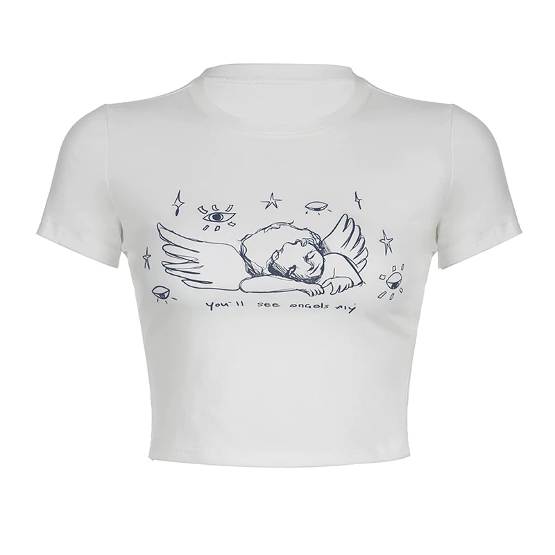 Кулон Rockmore Little Angel Print Positive Shoulder Short Sleeve T‑shirt Pure Suslin Slim Slim Slender Short Shit