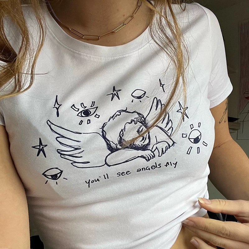 Кулон Rockmore Little Angel Print Positive Shoulder Short Sleeve T‑shirt Pure Suslin Slim Slim Slender Short Shit