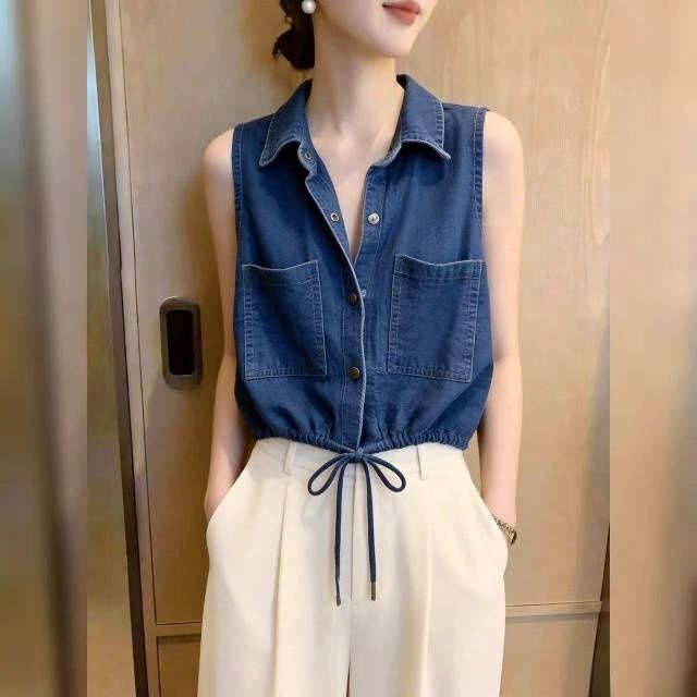 Light Luxury Boutique Original Denim-Style Sleeveless Shirt for Women, Summer Fashion Versatile Niche Slimming Waist-Cinching Elegant Top Light Luxury Boutique Original Denim-Style Sleeveless Shirt for Women, Summer Fashion Versatile Niche Slimming Waist-Cinching Elegant Top
