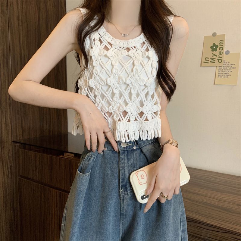 French-Style Hollow-Out Crochet Sleeveless Knitted Camisole for Women, Summer Trendy Outerwear Vest, Short Top French-Style Hollow-Out Crochet Sleeveless Knitted Camisole for Women, Summer Trendy Outerwear Vest, Short Top