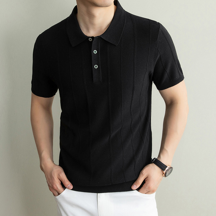 Summer Fine-Spun Wool Polo Shirt for Men, Short-Sleeved Mulberry Silk Linen T-Shirt with a Turn-Down Collar, Old Money Style Knitted Half-Sleeve Top