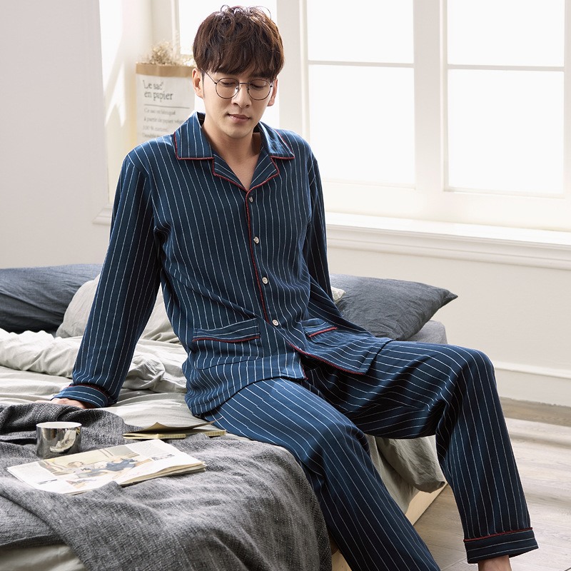 MILL TOWN pajamas men's autumn and winter cotton long-sleeved striped cardigan loose large size cotton homewear suit