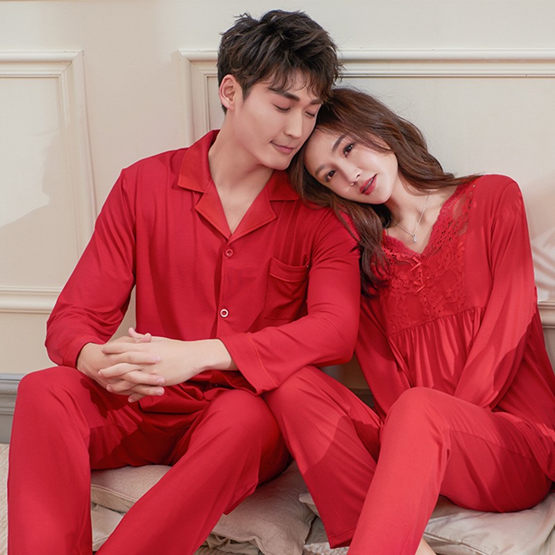 MILL TOWN Newlywed red pajamas women's autumn and winter new modal long-sleeved couples wedding home service