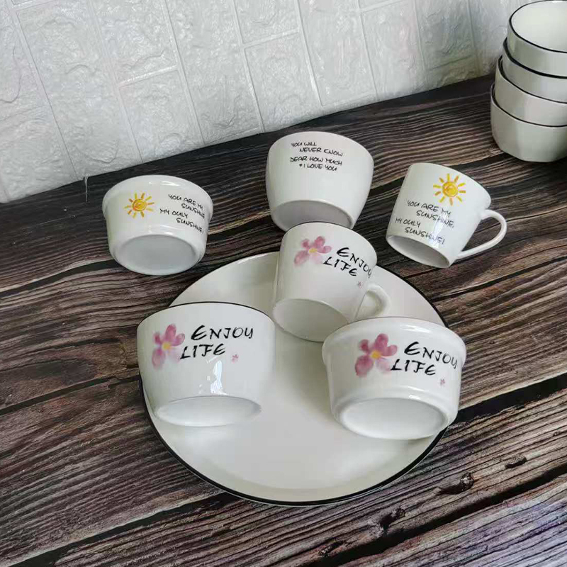 Simple and Stylish Patterned Ceramic Bowl and Plate Set, Household Tableware Set with English Slogans, High-Value Milk Cups