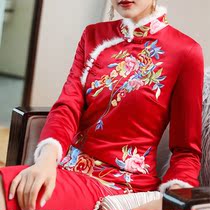 Qipao dress with dress for autumn and winter style Chinese wind retro-cupped cotton thickened with Chinese style embroidered long sleeves improved cotton clothes