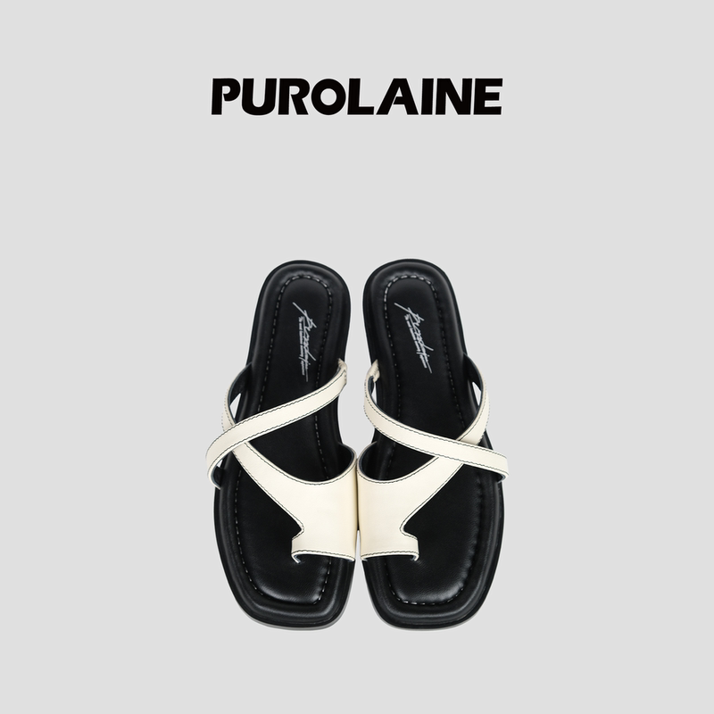 Purolaine Original Design Stitching Genuine Leather Stitching Texture Classic Versatile Geometric Slippers
