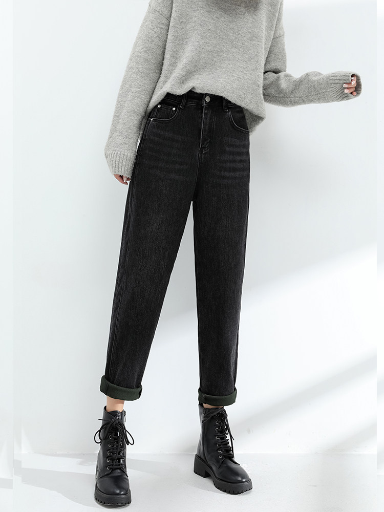 Plus velvet jeans women's loose straight autumn and winter thickening thin elastic feet elastic waist radish daddy pants