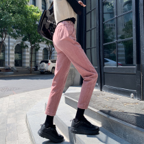  Corduroy pants womens winter high waist loose thin thick casual straight nine-point pink velvet pants overalls