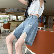 Broken Hole 50% Denim Shorts Woman Summer Slim 2022 Chains High waist loose Slim Light Color Straight Drum Pants