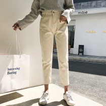  Beige jeans womens nine-point high-waisted daddy pants spring and autumn wild loose women beige straight pants tide