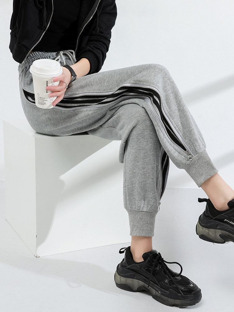 Grey sweatpants women loose-fitting feet spring and autumn show thin with high-waisted ins trendy casual tie mouth thick guard pants