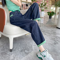 Dark blue jeans Women Summer thin section High waist Straight cylinder loose Thin Green Khalen Broadleg Old Daddy Pants Tide