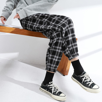 Plus velvet grid pants womens bunched feet wide leg pants autumn and winter thick high waist loose thin retro casual wool straight pants