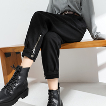 Plus velvet jeans womens straight tube loose autumn and winter 2021 New High waist thin thick tooling Harlan daddy pants