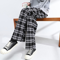 Black and white plaid pants womens woolen loose straight tube spring and autumn 2021 New thin thick waist Plaid wide leg pants