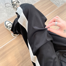 Black Ice Silk Sports Pants Woman Summer Thin with high waist wide leg loose and slim 100 lap casual two wearing light cage pants