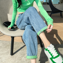 High Waist Jeans Woman Straight Drum Pants Summer Thin light green curbside loose Lean Casual Harun Old Daddy Pants