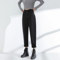 Plus velvet jeans womens straight loose autumn and winter 2020 new high waist thin black radish daddy pants