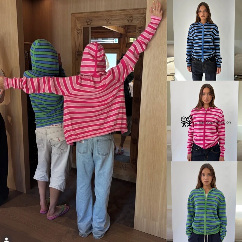 Authentic Urban Sophistication Stick Figure Striped Zipper Hooded Sports Cardigan Sweatshirt Jacket for Women