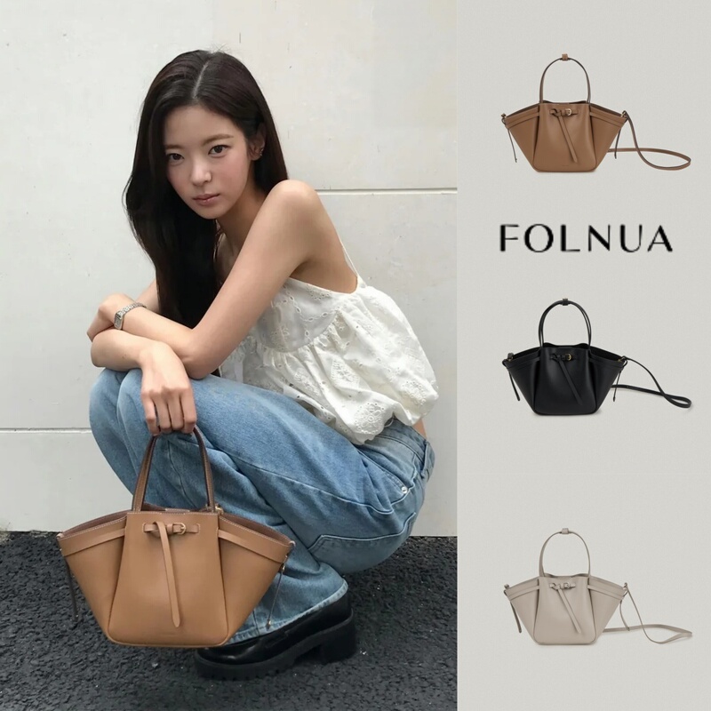 Korean Genuine Folnua Retro Vegetable Basket Bag 26 Autumn and Winter Style Drawstring Bouquet Bag Cowhide Handbag Crossbody Bag