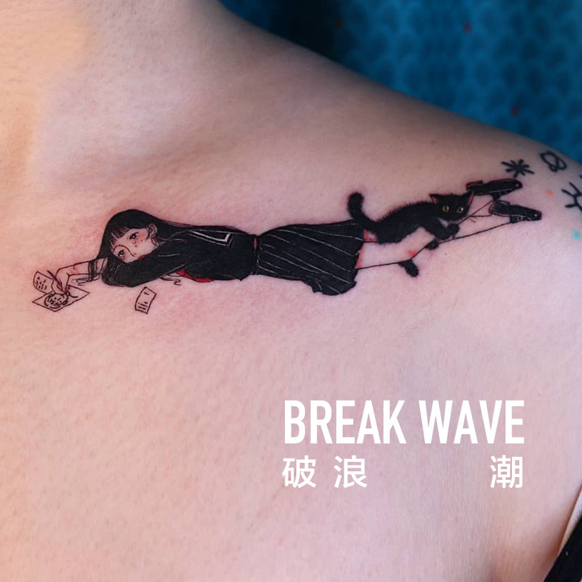 Break the wave original tattoo stickers ins wind Cat and girl collarbone can cover tattoos Super cute comics