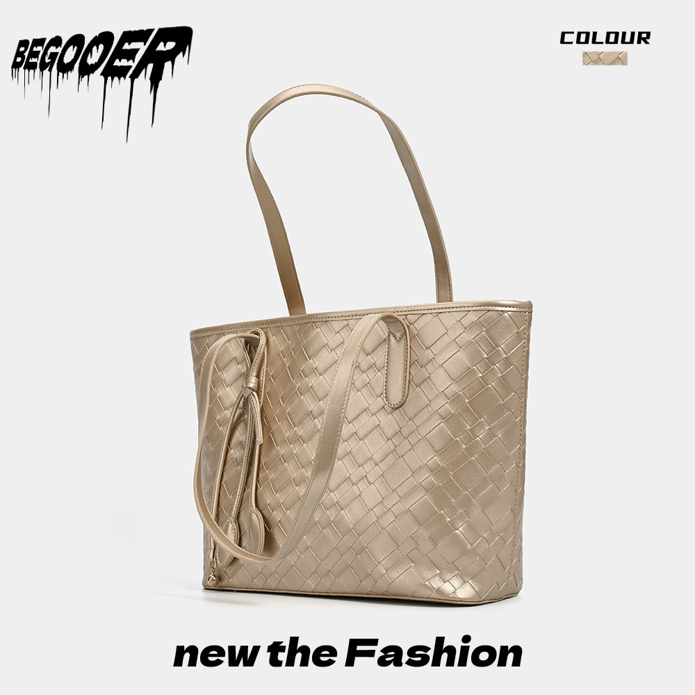 BEGOOER Original Champagne Woven Tote Bag for Women 2026 New Arrival Niche Design Shoulder Bag for Work and Commuting - Thumbnail 3