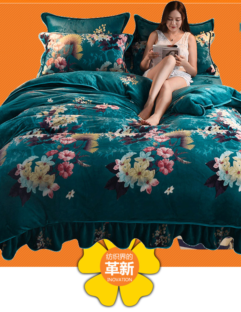 Một gia đình bốn nhung san hô dày ấm áp mùa đông chăn trải giường giường váy theo luật Levin flannel cashmere - Bộ đồ giường bốn mảnh bộ drap giường