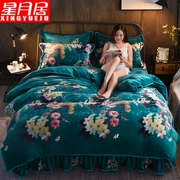 Một gia đình bốn nhung san hô dày ấm áp mùa đông chăn trải giường giường váy theo luật Levin flannel cashmere - Bộ đồ giường bốn mảnh