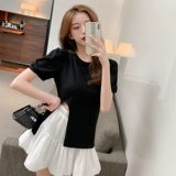 Черная дизайнерская футболка, юбка, комплект, тренд сезона, рукава фонарики, высокая талия