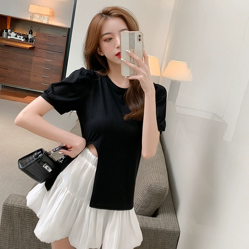 Черная дизайнерская футболка, юбка, комплект, тренд сезона, рукава фонарики, высокая талия