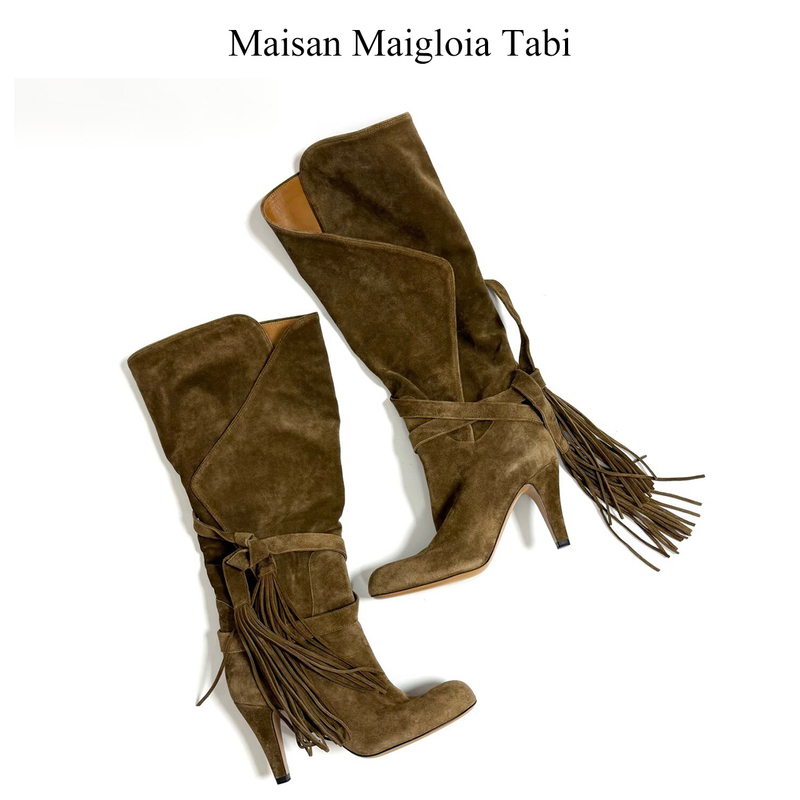 Maisan Maigloia Tabi Fetal Velvet Tassel Long Boots Khaki High-Heeled Boots Fashionable Women's Boots Maisan Maigloia Tabi Fetal Velvet Tassel Long Boots Khaki High-Heeled Boots Fashionable Women's Boots