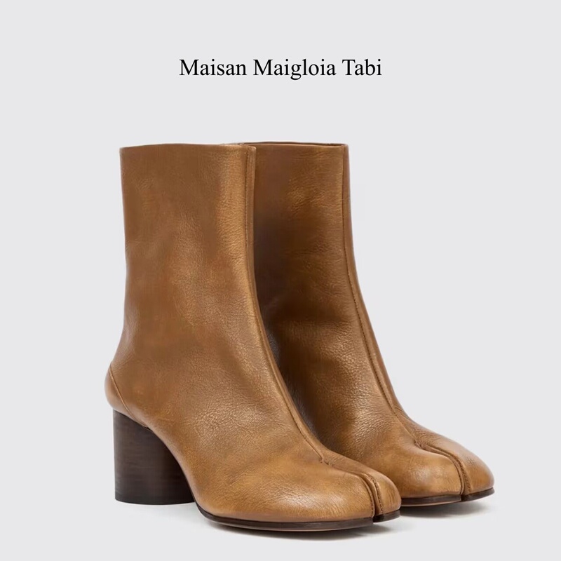 Maisan Maigloia Tabi Women's Leather Short Boots Chunky Heel Leather Boots Split-Toe Women's Fashion Boots Nude Boots
