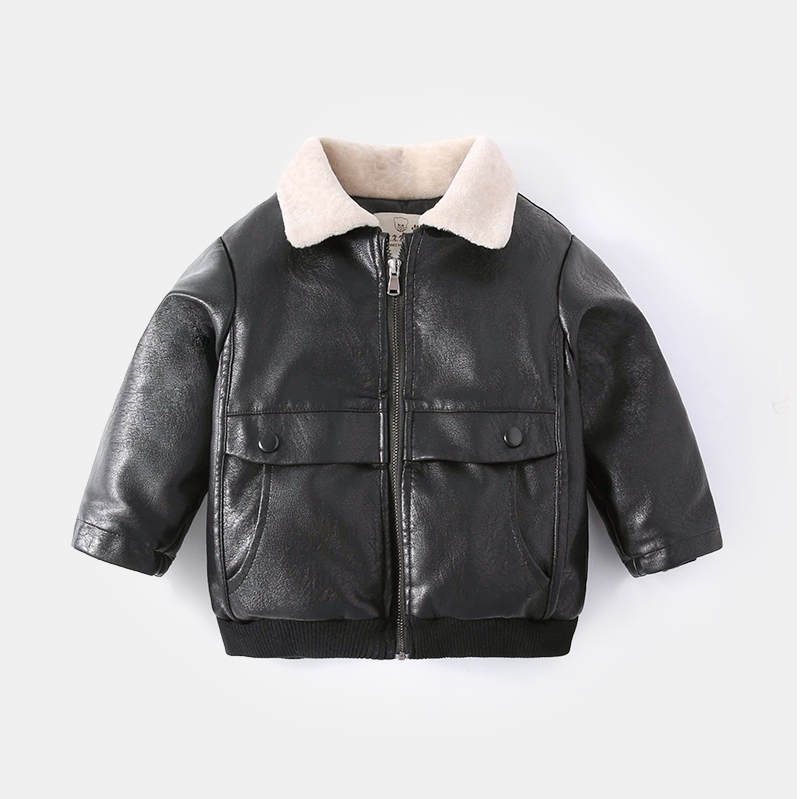 Korean boy jacket leather jacket 6 jacket 2-3 years old baby top autumn and winter thickened black Western style warm
