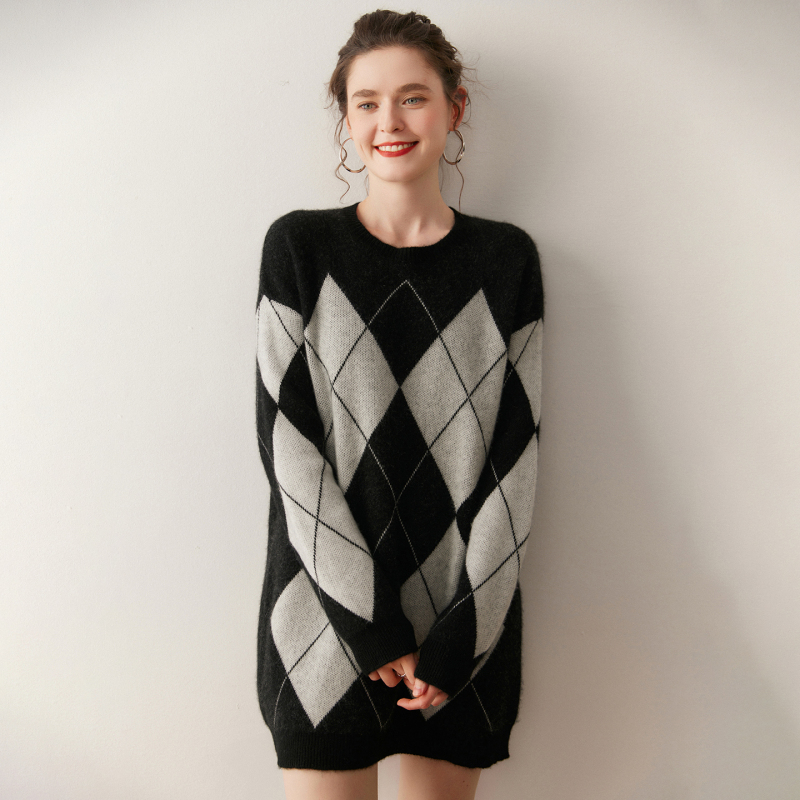 Double-Layered! Thickened Mid-Length Cashmere Dress for Women, Round Neck Sweater Dress, Diamond-Shaped Block Loose Knit Cashmere Sweater Double-Layered! Thickened Mid-Length Cashmere Dress for Women, Round Neck Sweater Dress, Diamond-Shaped Block Loose Knit Cashmere Sweater