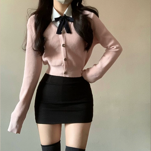 Кардиган, рубашка, мини-юбка, комплект, приталенный свитер, корсет, 3 предмета