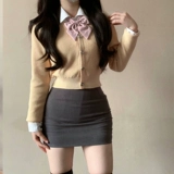 Кардиган, рубашка, мини-юбка, комплект, приталенный свитер, корсет, 3 предмета