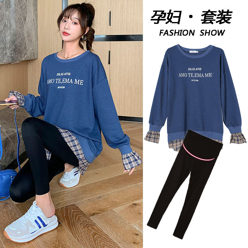 Pregnant woman suit Spring loaded fashion Korean version loose blouse with long version of fake two weathers net red Tide Moms Spring Autumn