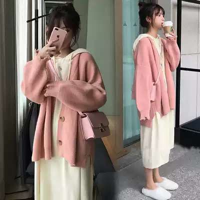 Maternity dress spring and autumn 2020 new Korean fashion loose dress knitted jacket two-piece tide