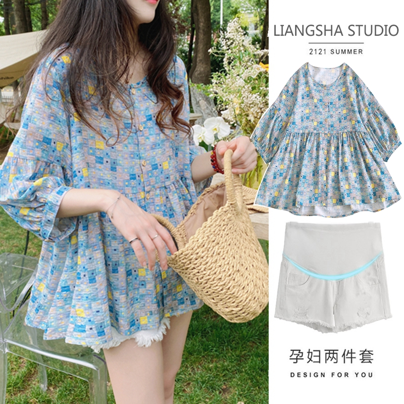 Pregnant women's jacket summer 2021 new tide short sleeve T-shirt doll shirt thin large size maternity summer suit