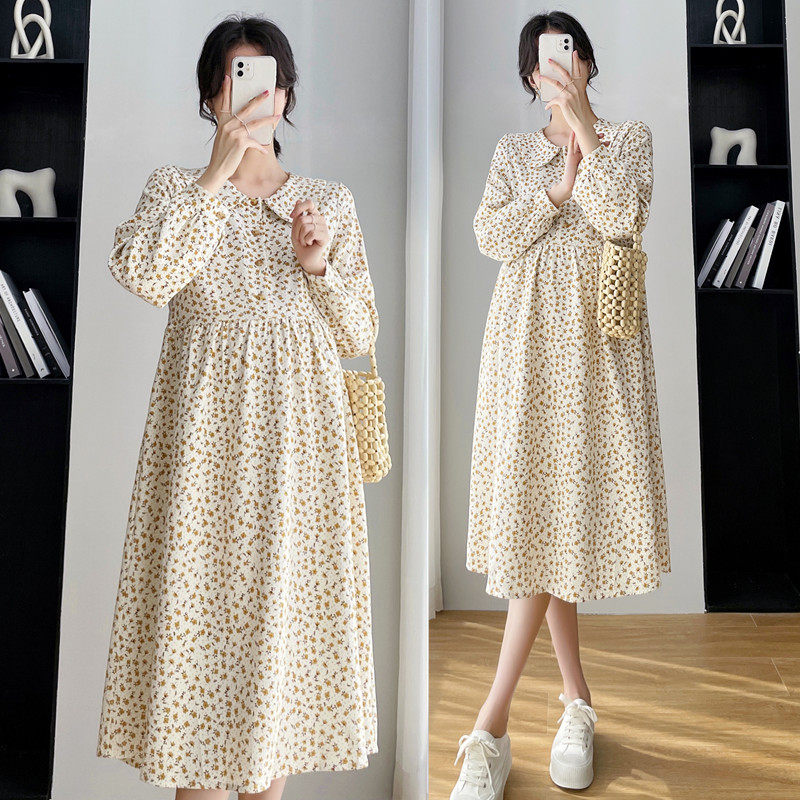 Spring 2022 new pregnant women dress net red fashion out printed long sleeve dress floral high waist skirt